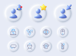 Water glass, Messenger and Loyalty points line icons. Placeholder with 3d cursor, bell, star. Pack of Scroll down, Gps, Internet icon. Mental health, Wind energy pictogram. Vector