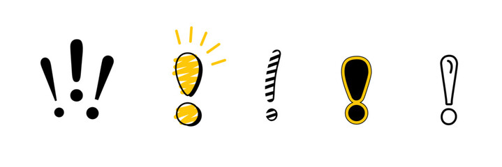 Exclamation mark or attention on white background. Set icon in Doodle style.