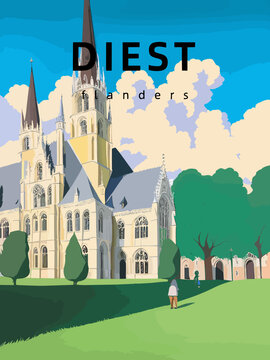 Diest: Retro tourism poster with an Belgian landscape and the headline Diest in Flanders