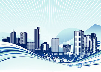 Vector illustration of Big City.  Blue urban background with abstract composition of dots and curved lines.