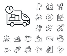 Truck service sign. Salaryman, gender equality and alert bell outline icons. Delivery line icon. Express shipment symbol. Delivery line sign. Spy or profile placeholder icon. Vector