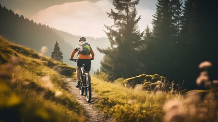Fototapeta Mountain biking woman riding on bike in summer mountains forest landscape, generative obraz