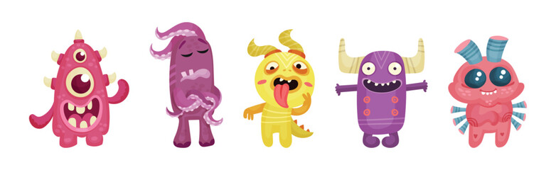 Cute Little Monsters with Horns and Big Eyes Expressing Emotion Vector Set