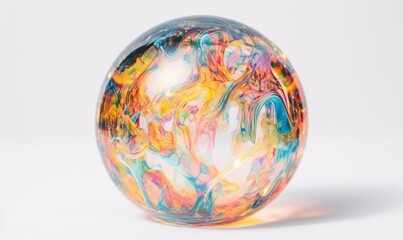  a colorful glass ball sitting on top of a white table.  generative ai