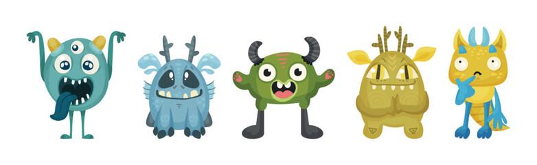 Cute Little Monsters with Horns and Big Eyes Expressing Emotion Vector Set