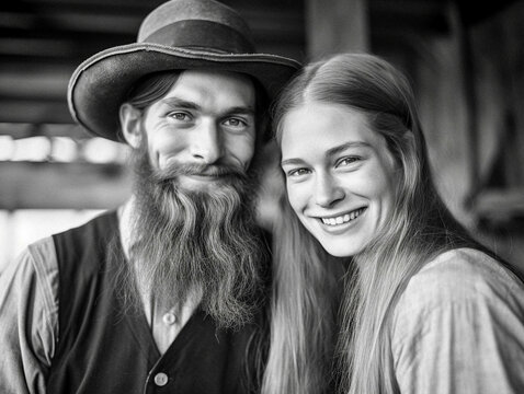 smiling Amish young couple in traditional American peasant-style clothing with long-bearded man - generative ai