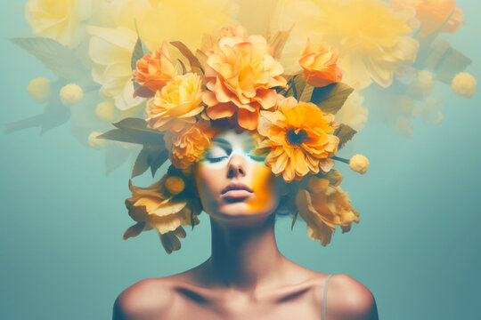 Surreal abstract woman portrait with flowers over head. Bright summer colors.Generative Ai content
