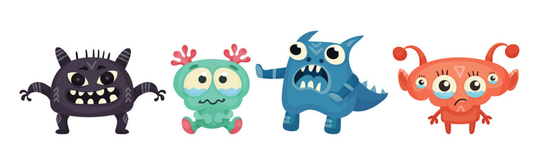 Cute Little Monsters with Horns and Big Eyes Expressing Emotion Vector Set