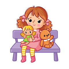 Little cute girl on white sits on a bench with toys.