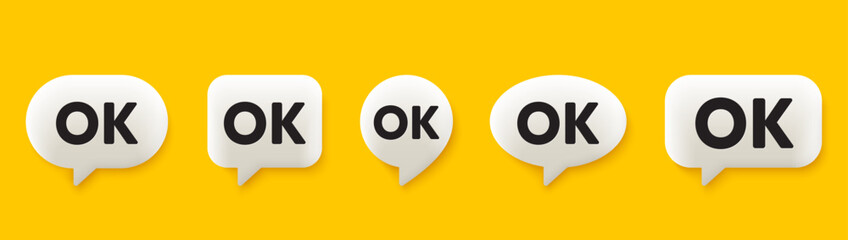 OK text tag. 3d chat speech bubbles set. Approved okay message. Done or Good deal symbol. OK talk speech message. Talk box infographics. Vector