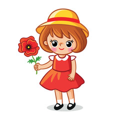 Cute little girl stands on a white background with a flower in her hand. Vector illustration.