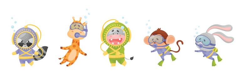 Cute Animal Swimming Underwater with Snorkeling Tube and Goggles Vector Set