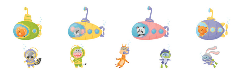 Cute Animal Swimming Under Water on Submarine and with Snorkeling Tube Vector Set