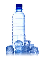 Bottle of water & ice cubes. Isolated on white, soft reflection.