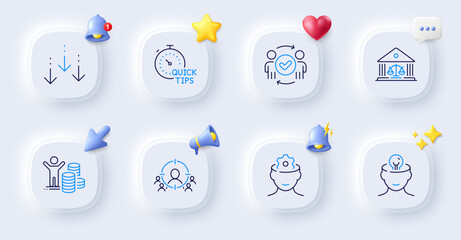 Budget profit, Court building and Brain working line icons. Buttons with 3d bell, chat speech, cursor. Pack of Scroll down, Mental health, Business targeting icon. Vector