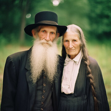 portrait of an old Amish couple in traditional American peasant-style clothing, the man with a long beard - generative ai