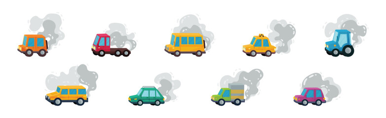 Car and Street City Traffic Emitting Smoke as Air Pollution Source Vector Set