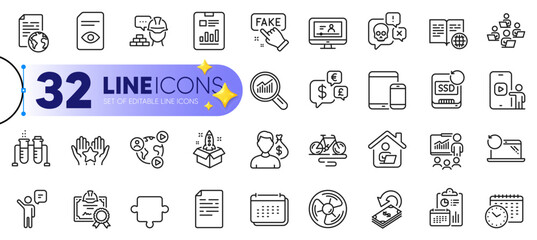 Outline set of Calendar time, Document and Build line icons for web with Teamwork, Ranking, Report thin icon. Money currency, Certificate, Air fan pictogram icon. Recovery ssd. Vector