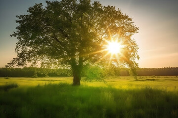 Sunlight shining through branches of a tree, Generative AI