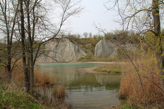Spring landscape with lake and bluffs