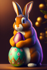 Fluffy and Adorable Eastern Rabbit Hold in Paws Big Luxury Holiday Jewelry Egg. Beautiful Easter Digital Realistic Cartoon Art Style. Cute Bunny with Treasure Festive Egg. Generative AI