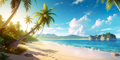 Obraz na płótnie Canvas A painting of a tropical beach with palm trees. Generative AI.