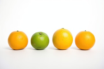 row of fruit including oranges and a green apple Generative AI