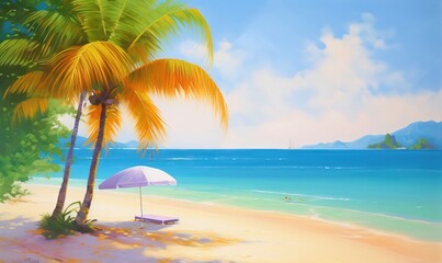 Fototapeta na wymiar a painting of a beach with a white umbrella and a chair. generative ai