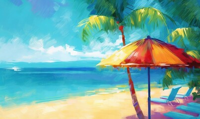  a painting of a beach with chairs and an umbrella on it.  generative ai