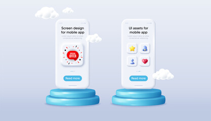 Special offer sticker. Phone mockup on podium. Product offer 3d pedestal. Discount banner shape. Sale coupon bubble icon. Background with 3d clouds. Special offer promotion message. Vector