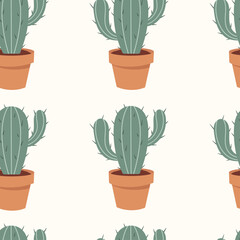 Seamless pattern with cactus in a pot