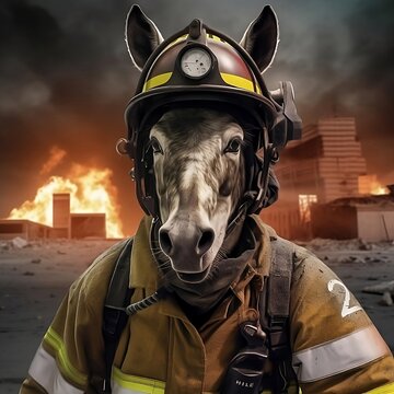 Burro bombero cercano a edificios ardiendo. Generative AI.