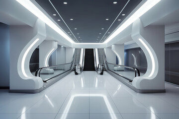 A long escalator in a building with a lot of stairs. Generative AI.