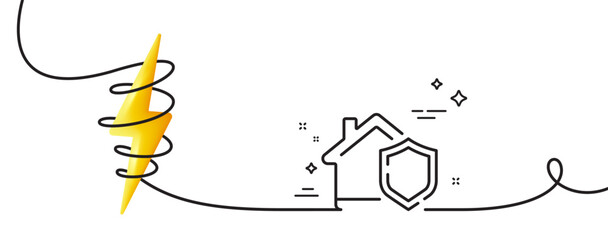 Home insurance line icon. Continuous one line with curl. House protect sign. Property defense symbol. Home insurance single outline ribbon. Loop curve with energy. Vector