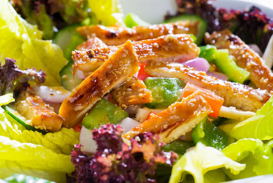 fresh colorfull sesame chicken salad close up