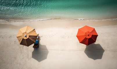  two umbrellas on a beach facing the ocean and a chair.  generative ai