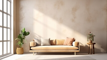 A living room with a couch and a potted plant. Generative AI.