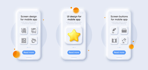 House dimension, Open door and Table lamp line icons pack. 3d phone mockups with star. Glass smartphone screen. Coffeepot, Floor lamp, Box size web icon. Mattress, Entrance pictogram. Vector