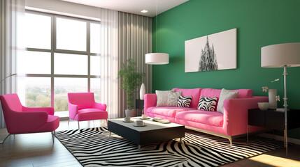 A living room with a pink couch and a zebra print rug. Generative AI. Interior with hot pink and green color accents.
