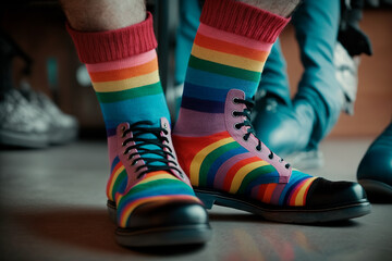 Colorful rainbow socks. Soft focus of pair of bright LGBT socks on floor. Generative AI.