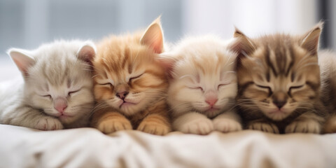 A group of kittens are sleeping on a bed. Generative AI. - obrazy, fototapety, plakaty