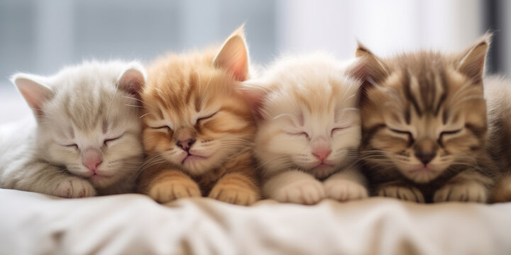 A group of kittens are sleeping on a bed. Generative AI.