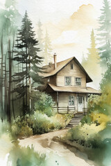 Watercolor cabin in the forest. Wooden cabin landscape background. Generative AI.
