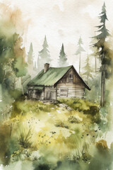 Watercolor cabin in the forest. Wooden cabin landscape background. Generative AI.