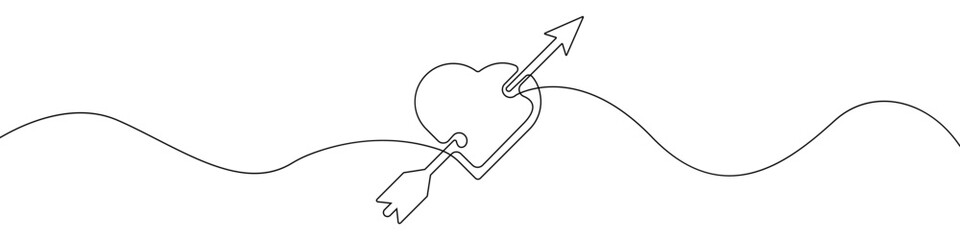 An arrow in the heart line continuous drawing vector. One line An arrow in the heart vector background. An arrow in the heart icon. Continuous outline of an An arrow in the heart. Arrows linear design