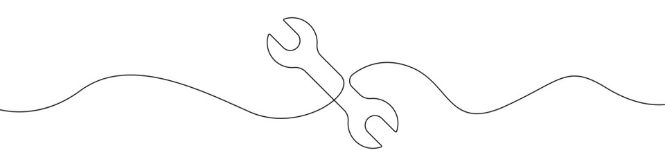 Wrench line continuous drawing vector. One line Wrench vector background. Wrench icon. Continuous outline of Wrench. Wrenches linear design.