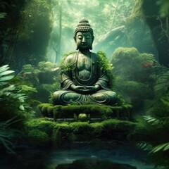 A green Zen environment has a Buddha statue. (Generative AI)