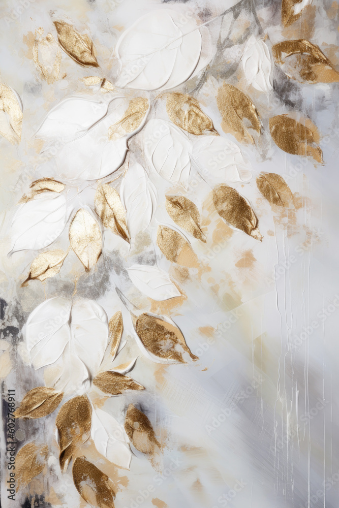 Wall mural gold leaves oil painting. gold floral background. generative ai.