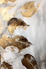 Gold leaves oil painting. Gold floral background. Generative AI.