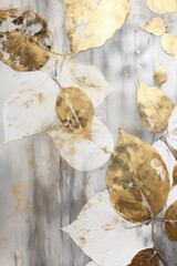 Gold leaves oil painting. Gold floral background. Generative AI.